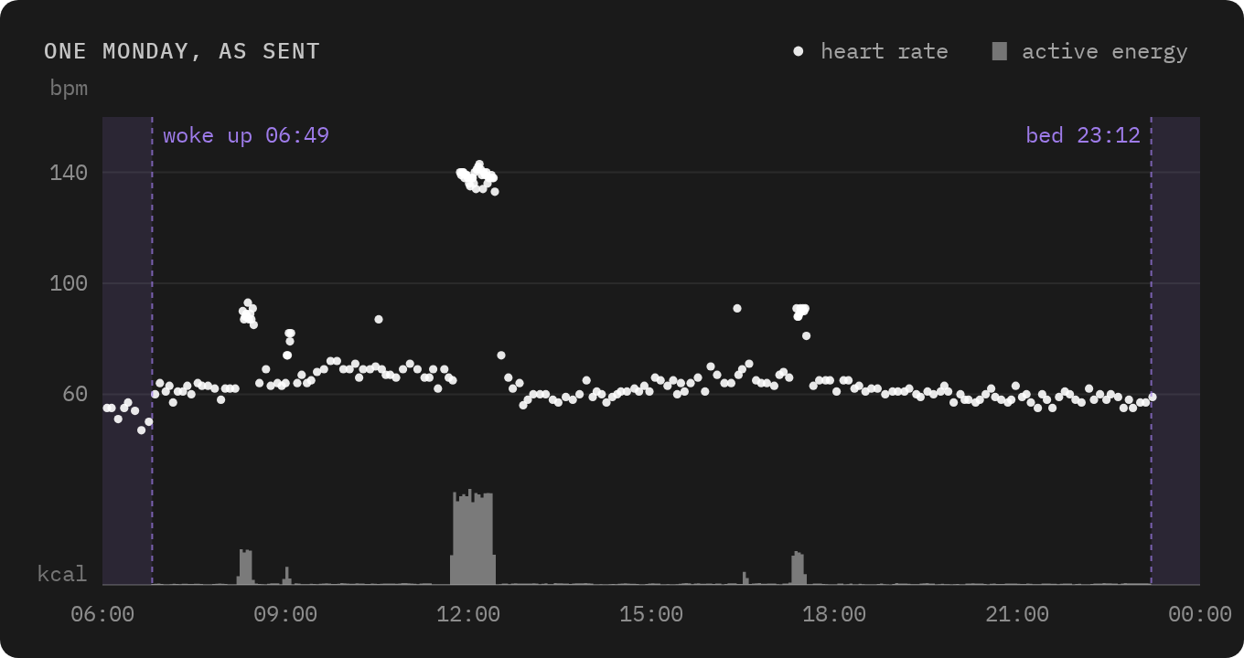 One synthetic Monday from 6:00 to midnight. Heart-rate readings sit mostly between 55 and 75 bpm and jump during walks and a lunchtime run. Active energy bars below spike at the same times.