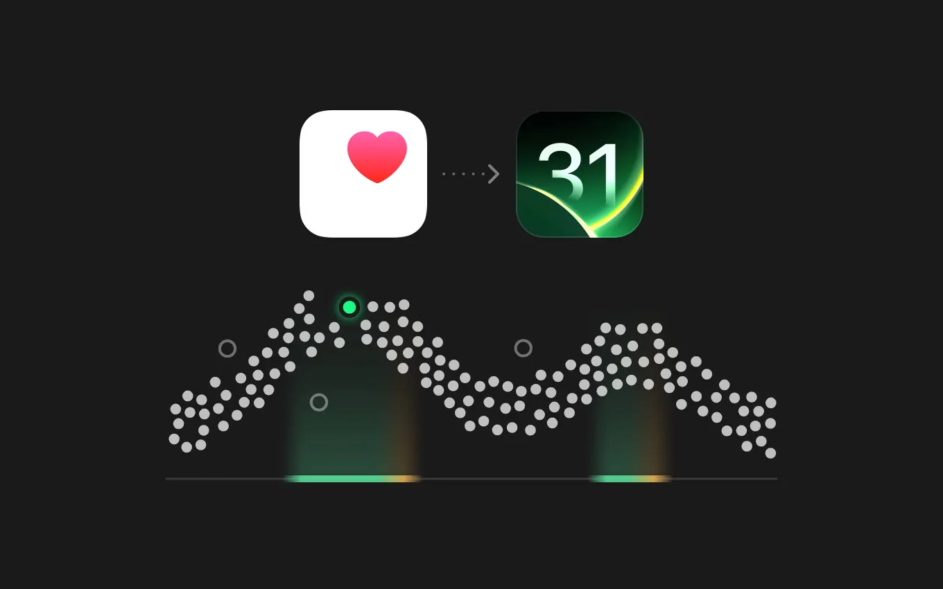 The Apple Health and Exoplan icons above a day of readings drawn as points, with the high-energy hours glowing green.