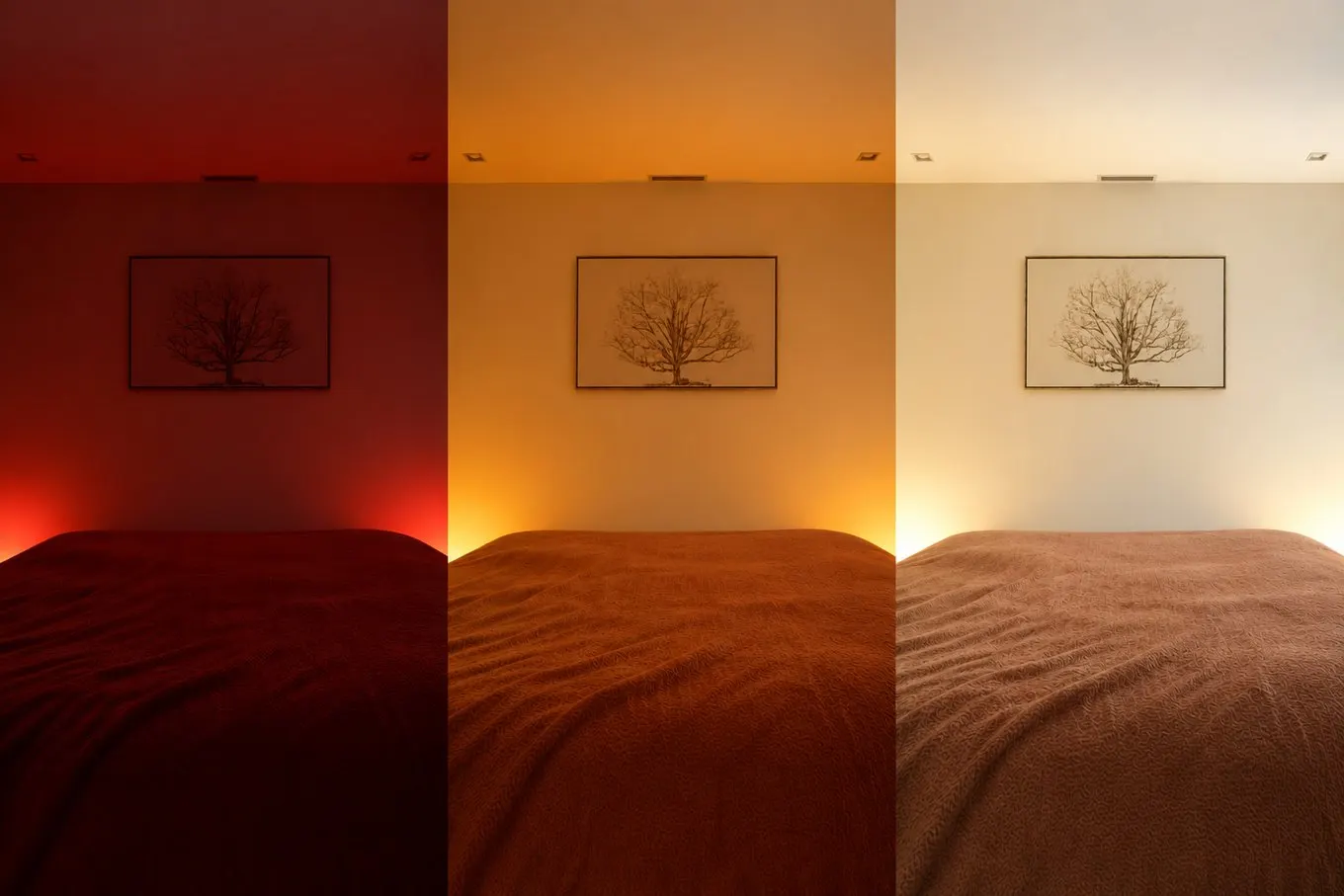 The same bedroom in three panels: lit deep red, then amber, then warm white.
